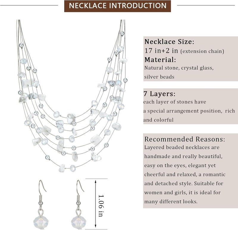 Errally Store Multi-Layer Boho Shell Beaded Necklace for Women Colorful Crystal Strand with Silver Beads Statement Collars Necklace and Earrings Costumes Jewelry Sets for Women - Image 5